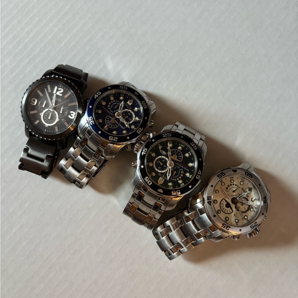 Men's Stainless Steel Watch Set, including 3 INVICTA and 1 Fossil watch.